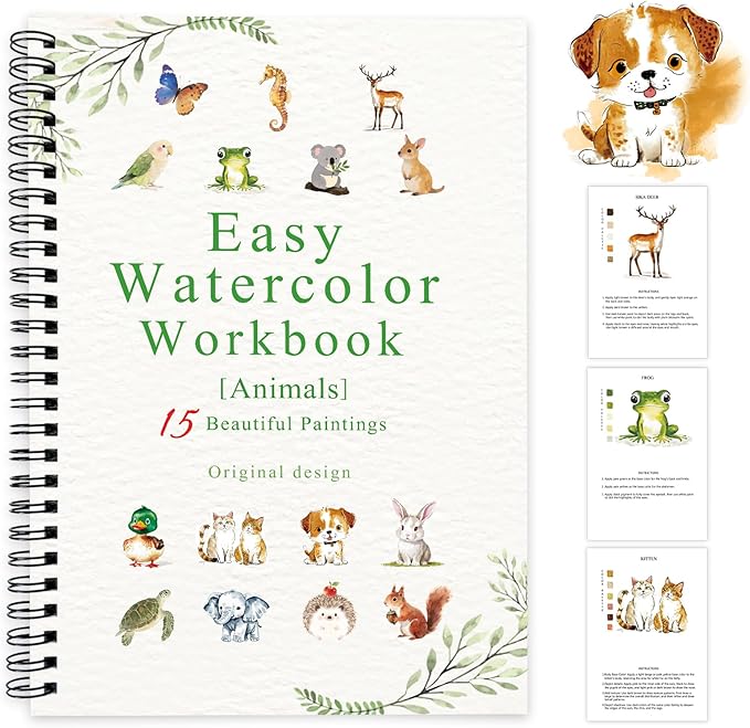 Watercolor Workbooks Animals, 15 Beautiful Paintings for Water Color Book Adult, Watercolor Coloring Book for Beginners, Watercolor Workbook for Adults Teens (Without Palette, Animals)