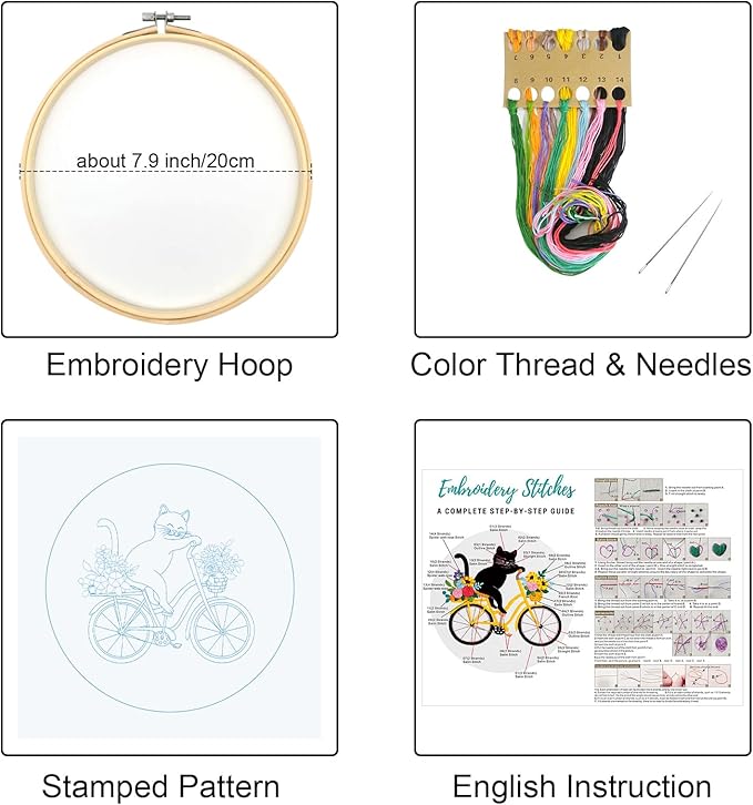 Louise Maelys Cute Cat Embroidery Kits for Beginners with Flower Bike Pattern,Adults Starter Cross Stitch Kit DIY Needlepoint
