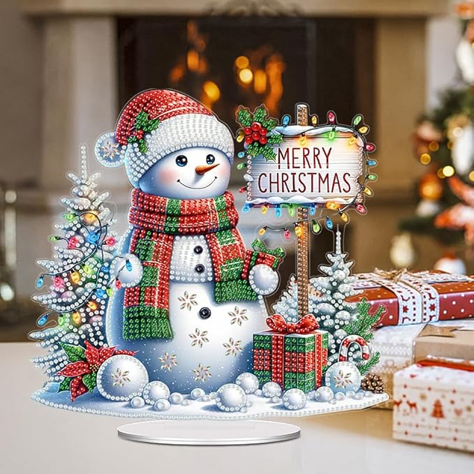 LAKEQUILL Christmas Diamond Art Painting Kits, Snowman Tabletop Ornament, Stand Up Diamond Art Desktop Kits for Home Office Decor, New Year Gift