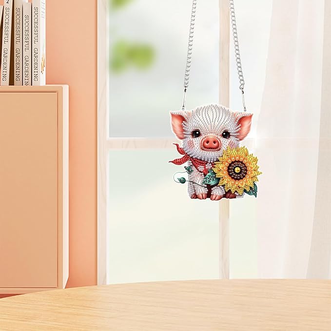 Tontut 5D DIY Diamond Art Painting Pendant kit, Sunflower Pig Special-Shaped Hanging Crystal Window Pendant kit, Adult Gift Home Curtains, Yard Entrance Decoration