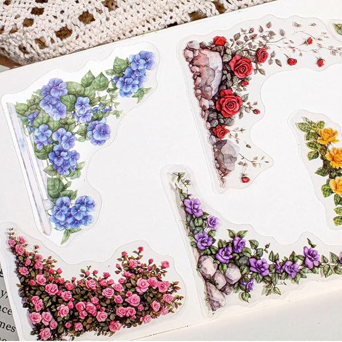 180pcs Courtyard Corner Flower Stickers for Scrapbooking Journaling Vintage Flowers Scrapbook Stickers Aesthetic Floral Sticker Pack Scrapbook Kit Junk Journal Supplies Self-Adhesive Decoupage Paper