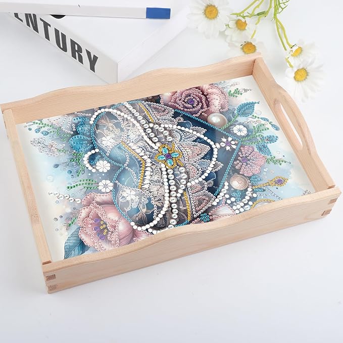 AiYuanzsh DIY Diamond Art Wooden Tray with Handle, Blue Jewel Heart with Flowers Design, Diamond Painting Mosaic Kit, Creative Craft Diamond Art Tray for Coffee Table and Home Organizer
