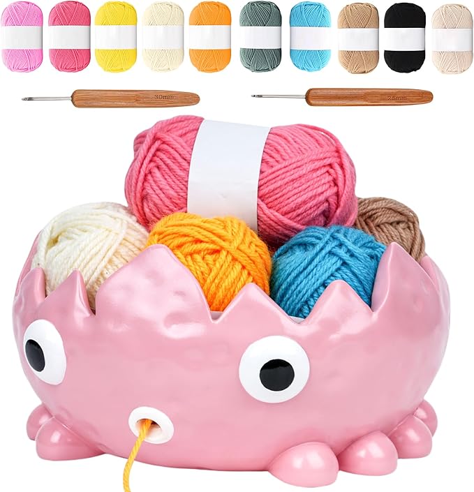 Flame Yarn Bowll for Crocheting and Knitting,7.48 * 3.6 Inch Large Capacity Crochet Bowls 10 Bundles of Yarns and 2 Crochet Hooks,Exquisite and Cute Yarn Bowl,Suitable for Crochet Enthusiasts