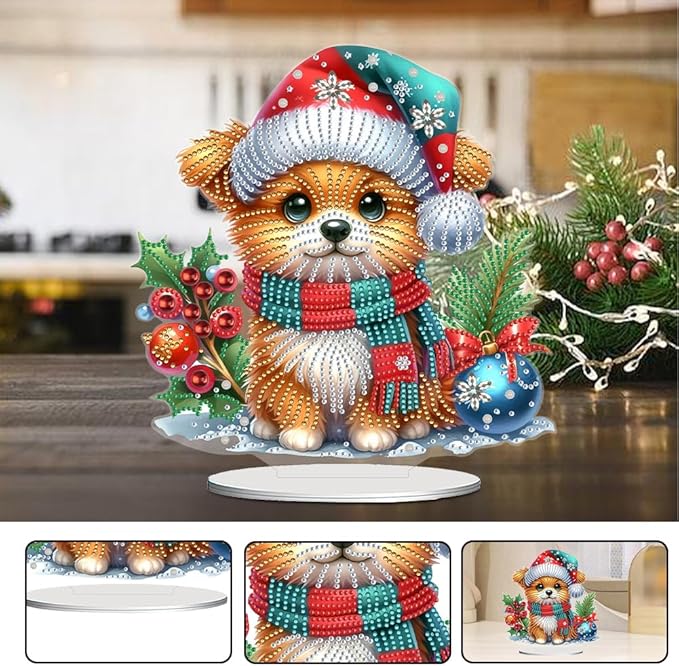 LAKEQUILL Christmas Diamond Painting Kits, Tabletop Ornament, Stand Up Diamond Art Desktop Kits for Home Office Decor, New Year Gift - Christmas Dog