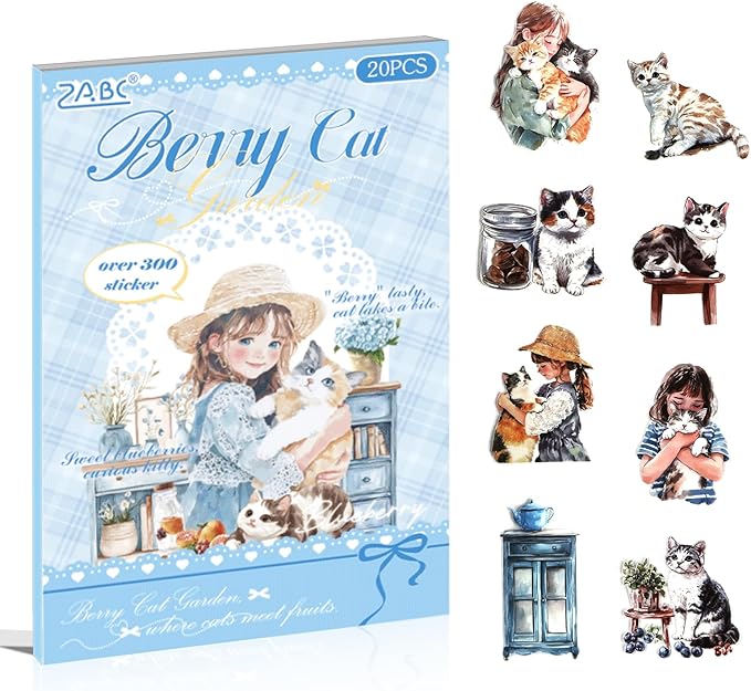 Journal Sticker Book for Journaling and Scrapbooking, Cat Blueberry Theme, 20 Sheets 3.9x5.9 inches, Precut Transparent PET Stickers for Junk Journal Supplies, Collage, Scrap Book
