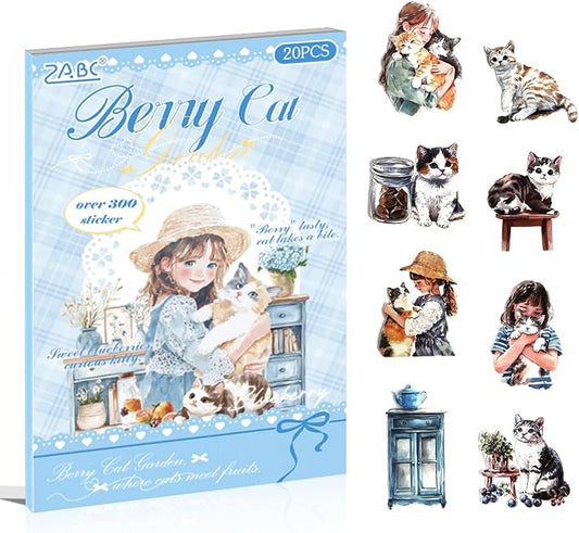Journal Sticker Book for Journaling and Scrapbooking, Cat Blueberry Theme, 20 Sheets 3.9x5.9 inches, Precut Transparent PET Stickers for Junk Journal Supplies, Collage, Scrap Book