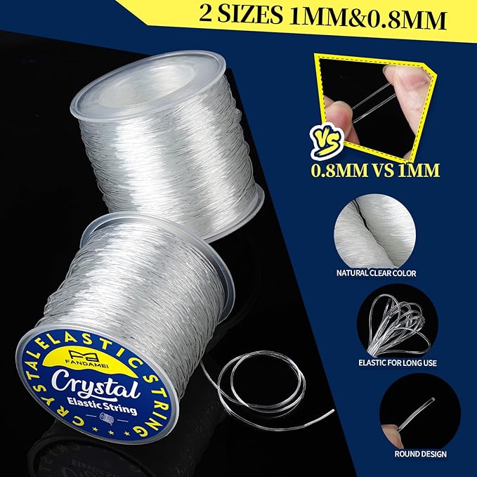FANDAMEI Elastic String for Bracelets Making Kit, 1mm&0.8mm Clear Bracelet String, Stretchy String with 24g Jewelry Glue for Elastic String & 2 Beading Needles for DIY Necklaces, Bracelets & Jewelry