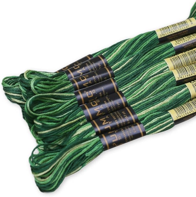 Pack of 12 Premium Embroidery Thread | 100% Egyptian Cotton Premium Skeins | Cross Stitch Embroidery Floss | Oeko TEX Certified Stranded Cotton | (Green Variegated 1236)