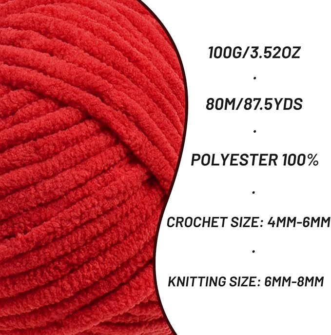 2 Pack Chunky Chenille Yarn for Crocheting, Baby Yarn for Crocheting Soft Blanket, 174.9 yds /7 oz Crochet Yarn, Bulky 5 Amigurumi Yarns, Fluffy Velvet Yarns for Knitting Crafts (2 Red)