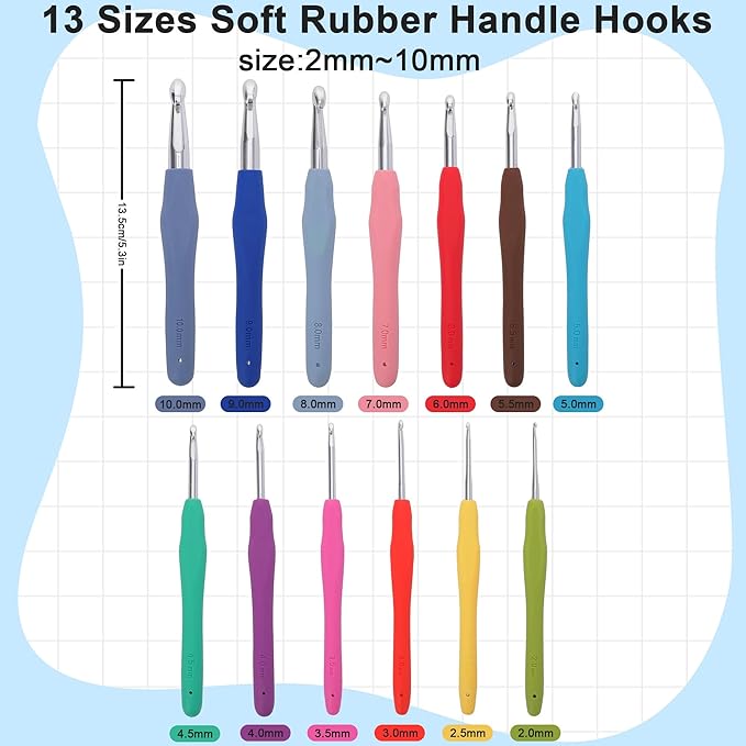 Crochetbox Crochet Hooks Set, 13 Size 2mm(B)-10mm(P) Ergonomic Handles Crochet Hooks with Case for Arthritic Hands, Kintting Needle with Crocheting Tool for Crocheters