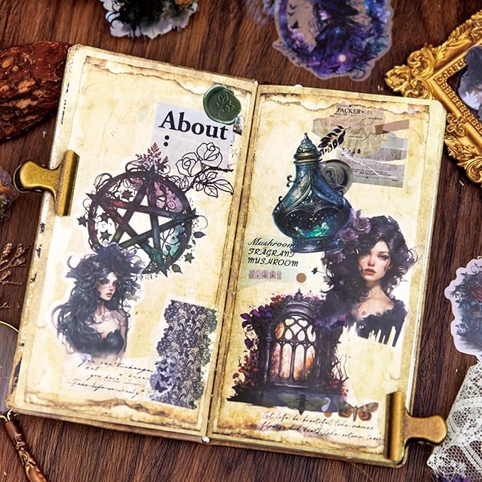 180Pcs Gothic PET Scrapbook Stickers, Dark Aesthetic Designs for Scrapbooking Waterproof Journaling Supplies Junk Journal Ephemera with Storage Organizer