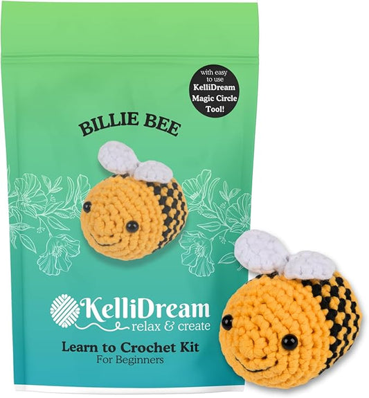 KelliDream Magic Circle Tool Inclusive Learn to Crochet Kit for Beginners; Step-by-Step Video Tutorials; All Supplies to Make Cute Amigurumi (Bee)
