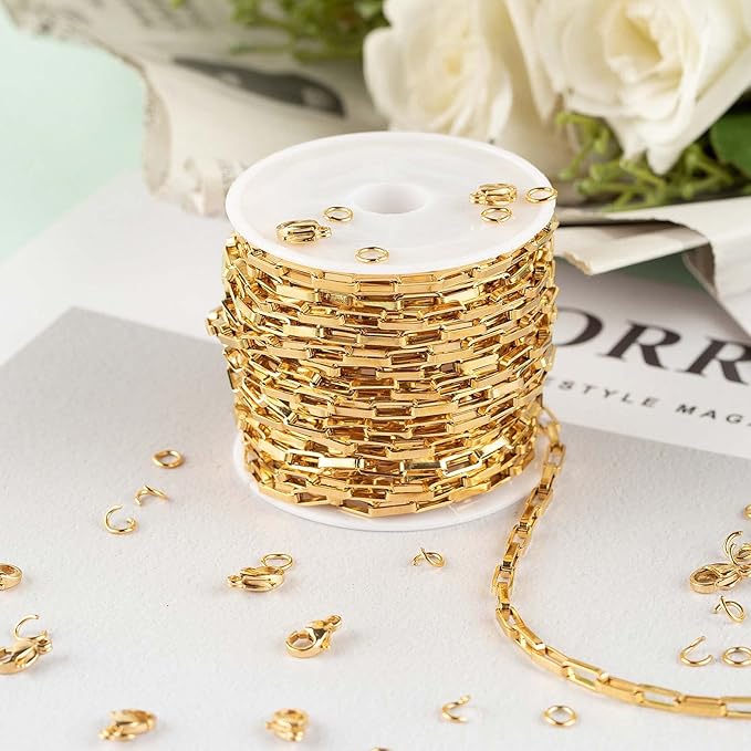 KYUNHOO 16.4 Feet/5M Gold Plated Box Chain Bulk Stainless Steel Jewelry Making Chains 3MM Thin Square Link Jewelry Chains for Necklace Bracelet DIY with Jump Rings and Lobster Claps