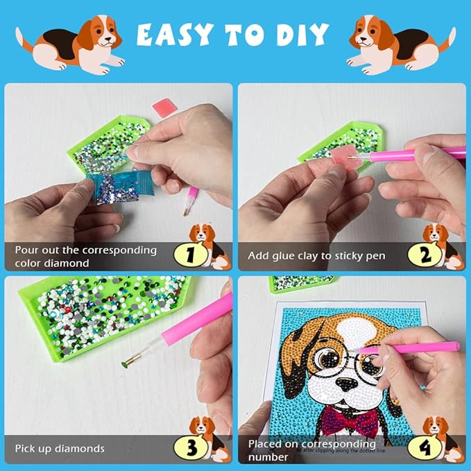 QEUOYSS Diamond Art Kit for Kids with Wooden Frame Art and Crafts for Kids Ages 6-8 -10-12 Easy to DIY Diamond Art for Kid and Adult Beginners Home Wall Decoration (Cute Dog)