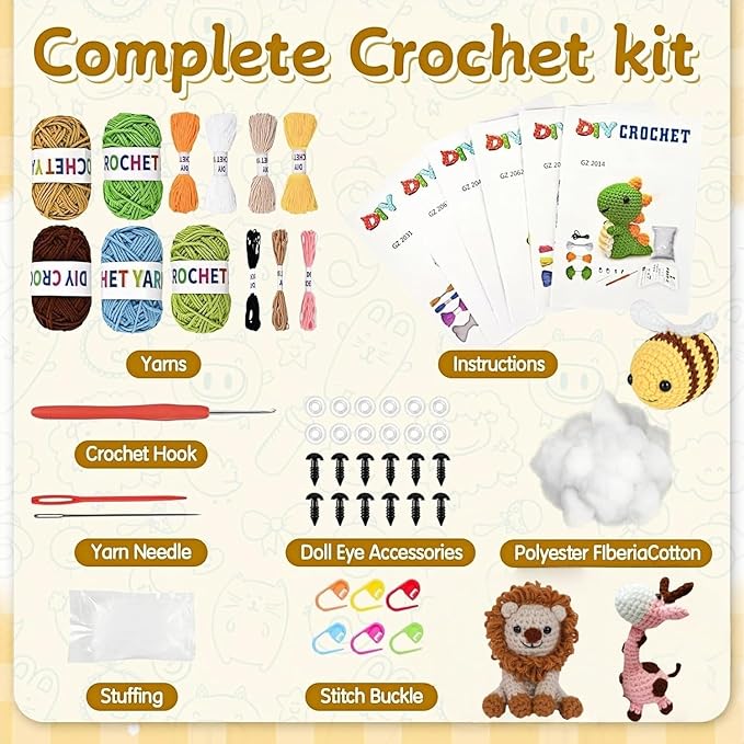 JackCao 6Pcs Crochet Kit for Beginners, 2026 DIY Craft Christmas Gift for Adults, Crochet Animal Kit with Step-by-Step Video Crochet Hook Tutorials Birthday for Crochet Lovers﻿ (Pink)