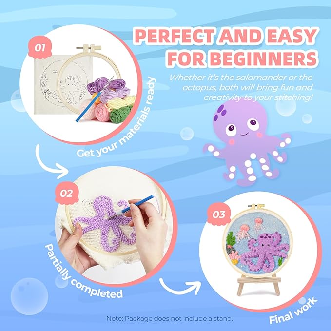 Punch Needle Kits Adults Beginner,Punch Needle kit for Beginners, Embroidery kit for Beginners,Includes All Tools and Materials,Easy to Follow Instructions and Videos-(Axolotl+Octopus)