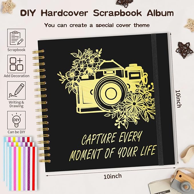 Scrapbook Album 10x10 inch, Travelling Journal Scrap Book Family Scrapbook Scrapbooking Supplies Kits Gift for Couples Anniversary Wedding (black, 10 x 10 inch)