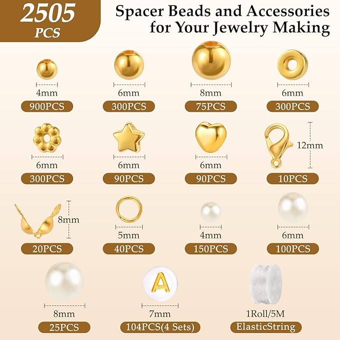 Funtopia Spacer Beads for Jewelry Making, 2500Pcs Gold Round Beads for Bracelets, 4mm 6mm 8mm Spacer Loose Ball Bead Star Pearls Letter Bead for DIY Bracelet Jewelry Making Craft