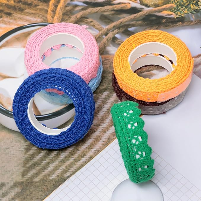Honbay 6 Rolls of Lace Tapes Fabric Trim Decorative Tapes Lace Pattern Self-Adhesive Tapes Washi Tape Masking Tape for Scrapbook Drawers Cups Books Hats Bags Crafts - 6 Colors, 16mm x 2yards (A)