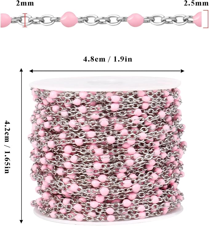 33 Feet Stainless Steel Enamel Chains Bulk, 2mm 304 Stainless Steel Pink Enamel Beaded Cable Link Chain Roll Spool for Jewelry Making