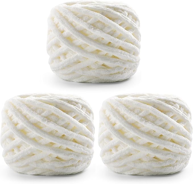 3 Pack Chunky Chenille Yarn for Crocheting, Fluffy Baby Blanket Yarn for Crochet Sweater Shawl Scarf Gloves, Super Soft Amigurumi Plush Yarn 222 yds/10.5 Oz (Milk White)