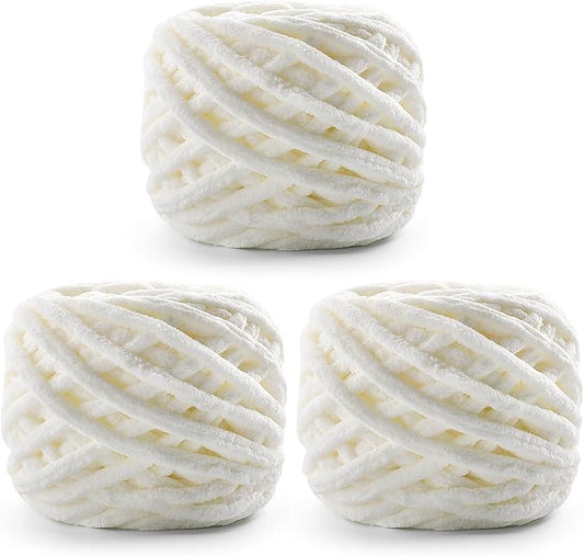 3 Pack Chunky Chenille Yarn for Crocheting, Fluffy Baby Blanket Yarn for Crochet Sweater Shawl Scarf Gloves, Super Soft Amigurumi Plush Yarn 222 yds/10.5 Oz (Milk White)