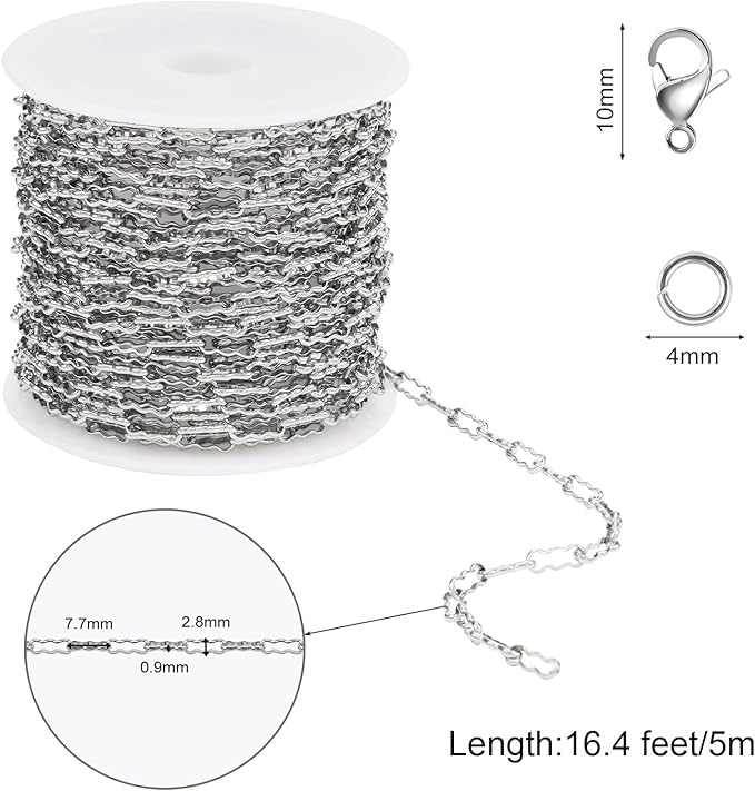 SMYHTGLIF 5 Meters Silver Soldered Peanut Chain for Jewelry Making Stainless Steel Bulk Chain Roll with Lobster Clasps and Jump Rings