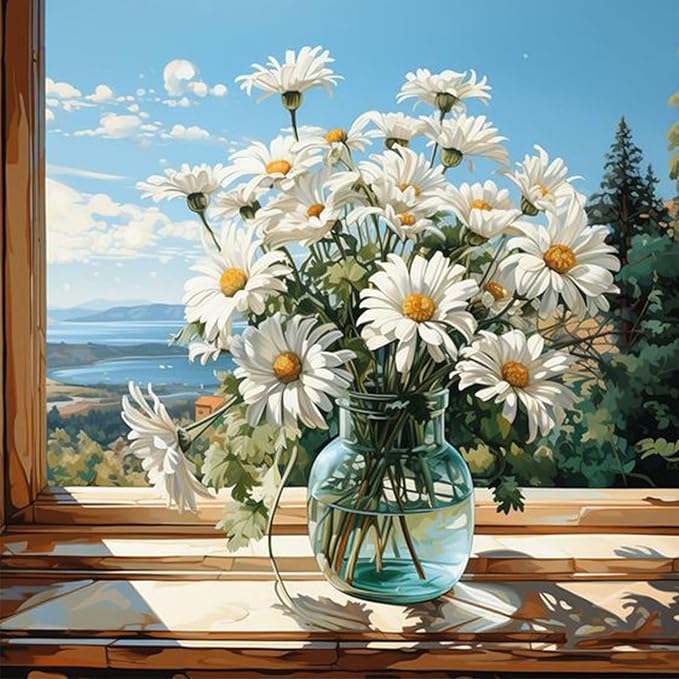 Fountor Daisy Diamond Art Kits for Adults, Flowers Landscape Diamond Painting Kits for Adults Beginners, Flower 5D Round Full Drill Gem Art Kits DIY Crafts Kits for Home Wall Decor 14x14 Inch