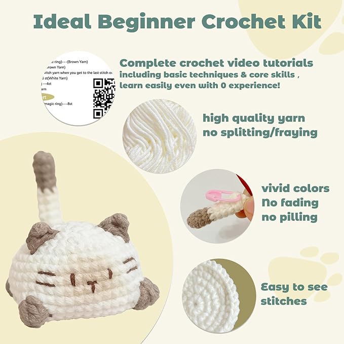 JueRum Cat Crochet Kit for Beginners,Learn to Crochet Beginner Crochet Kit for Adults, Amigurumi Crochet Animals Cat Crafts Knitting Kit with Step-by-Step Video Tutorials
