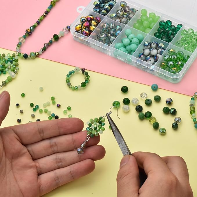 200pcs 8MM Faceted Rondelle Glass Beads for Jewelry Making, Briolette Crystal Glass Beads Plated Round Loose Spacer Beads for DIY Supplies Bracelets Necklaces Earrings (Green)