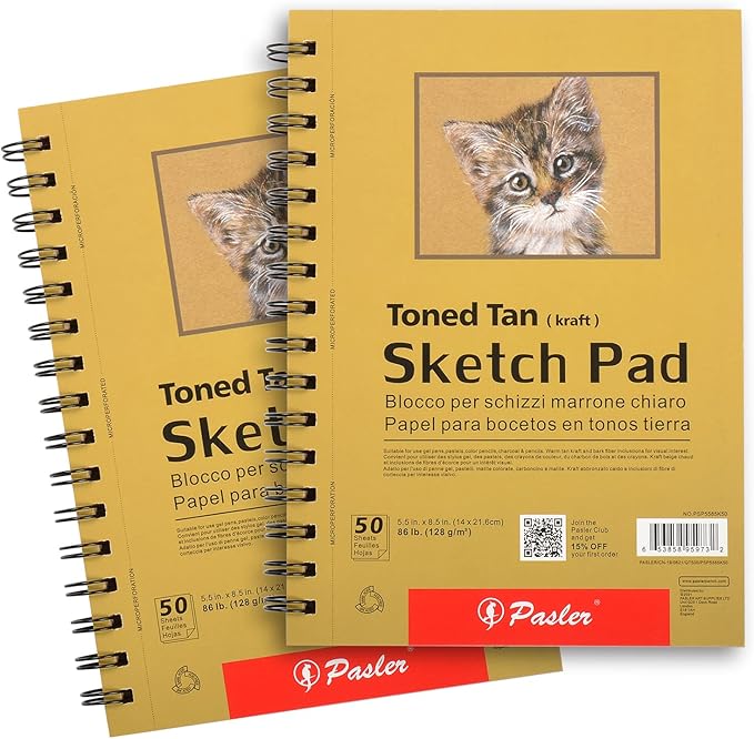 Pasler 5.5X8.5 Toned tan Sketch Pad, 2 Pack,100 Sheets (86lb./128gsm), Spiral Bound Artist Sketch Book, Acid Free Drawing Paper (2 Pack)