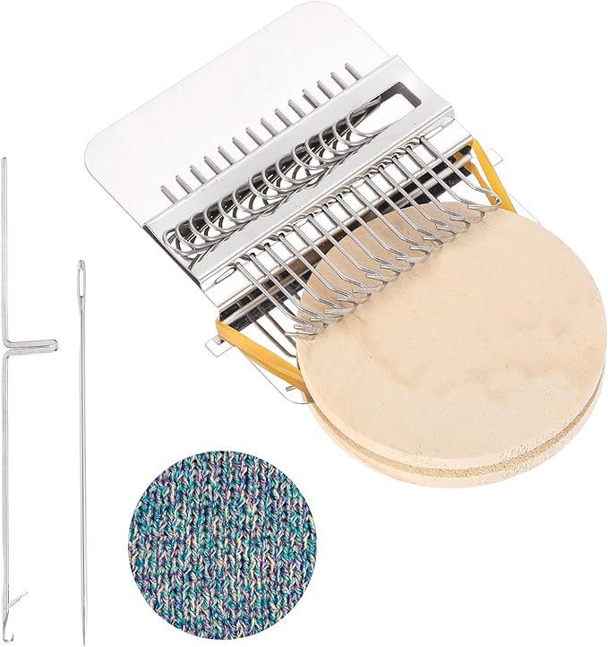MECCANIXITY Mini Darning Loom, 14 Hooks Wood Weaving Knitting Machine with Knitting Needles for Repair Jeans Socks DIY Craft, Knit Patch Loom Weave Tool, Silver