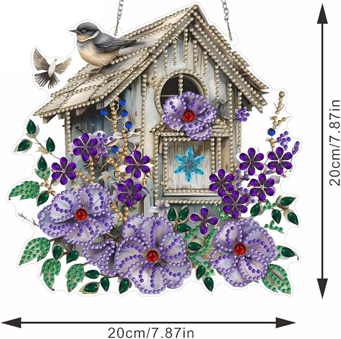 Birdhouse Diamond Art Hanging Kit for Adult Flowers Bird,Special Shaped Rhinestone,DIY Acrylic 5D Diamond Art Painting Window Pendants Home Garden Wall Hanging Kits Hanging Ornament,Double-Sided