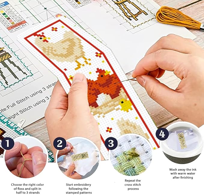 ORIGACH 6 Pcs Cross Stitch Bookmark Kit for Beginner Adults, Cute Chicks and Words Stamped Embroidery Bookmark Kit with Instruction for Starters Printed Cross Stitch DIY Kits for Book Lovers