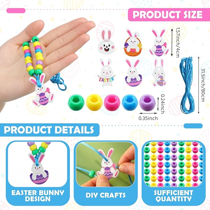 Ecally 24 Sets Easter Crafts Bunny Beaded Necklaces Crafts Kit DIY Make Your Own Rabbit Necklaces for Easter Art Activity Project Party Favors Supplies Spring Decoration