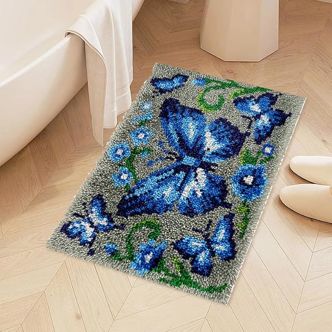 veirousa Blue Butterfly Latch Hook Kit for Adults Beginners, Pre-Printed Latch Hook Rug Kit, DIY Carpet Making Set for Home Wall Hanging Art Decoration 20x15 Inch