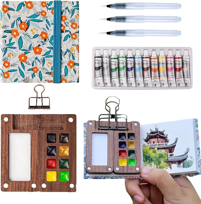 Aimery Mini Watercolor Paint Travel Set, Portable Small Miniature Pocket Water Color Painting Kit with Wooden Palette & Sketchbook(Orange Flower)