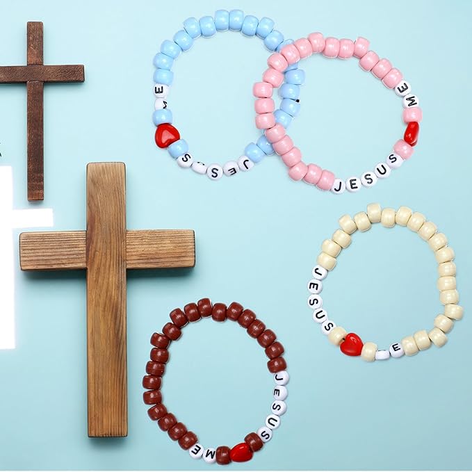 Ferreve 35 Sets Easter Boho Religious Bead Wristband Craft Kit Jesus Love Me Faith DIY Bead Craft Kit Love Letter Charms for VBS Week Sunday School Christian Bible Verse Gifts Making