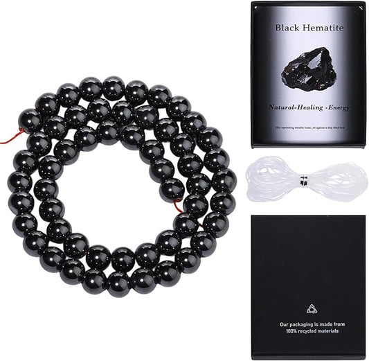 Song Xi 90pcs 4mm Natural Black Hematite Stone Beads for Jewelry Making, Gemstones Beads Bracelet for Necklace Earring Keychain, with Jewelry Box and Elastic for Christmas Wedding Birthday Gift