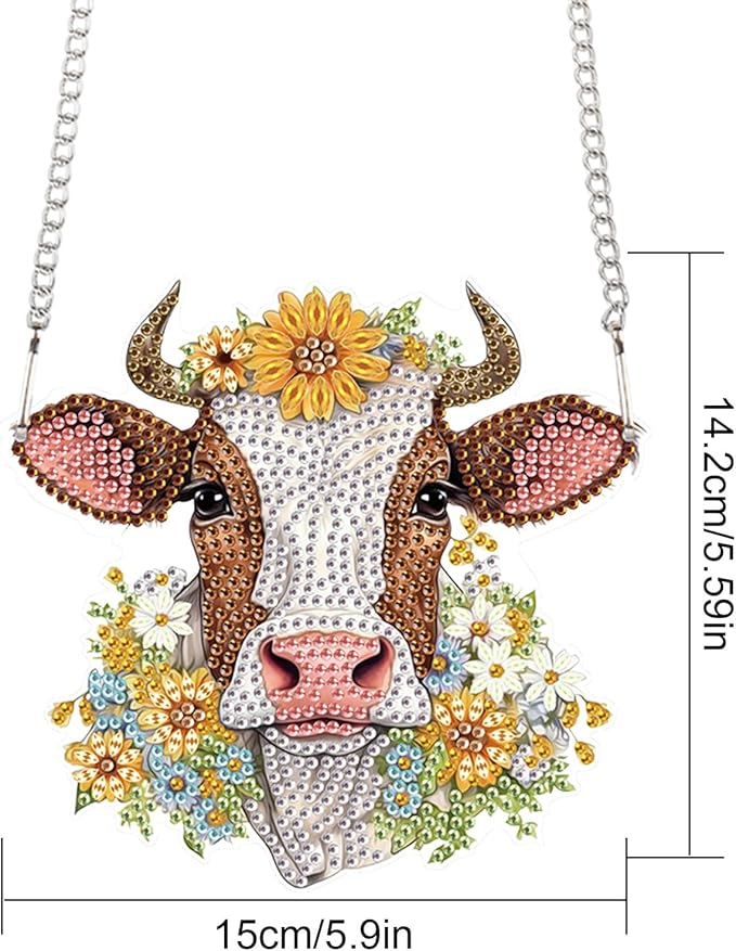 AiYuanzsh Cow Diamond Art Hanging Pendant Kit, 5D DIY Acrylic Crystal Rhinestones Diamond Painting Ornament, Wall Door Window Decoration, Handmade Craft Gift for Adults