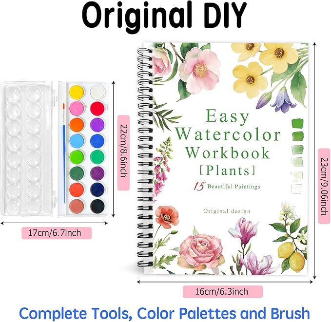 SLWBZ Watercolor Workbook Flower Plants, 15 Different Patterns of Original DIY Designs, 16 Color Watercolor Paint Plates with Palette and Brush, Beginner-Friendly Watercolor Workbooks, Plants