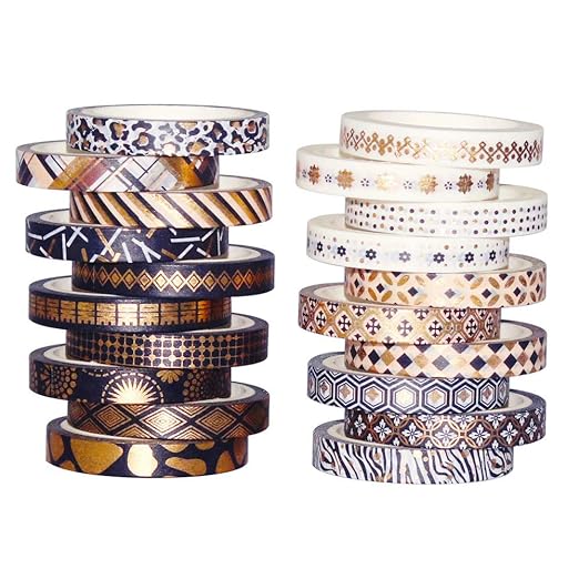 YUBBAEX 20 Rolls Washi Tape Set Black Gold Foil Print Decorative Tapes for Arts, DIY Crafts, Bullet Journals, Planners, Scrapbook, Wrapping (Skinny Black Gold x 20 Rolls)