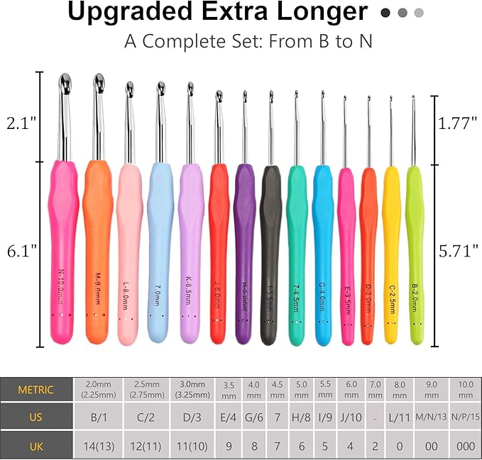 NaoShiro Crochet Hooks Set, 14 Size (2mm-10mm) Ergonomic Crochet Needle with Storage Case, Crochet Hooks for Arthritic Hands, Extra Long  Knitting Needles (Blue)