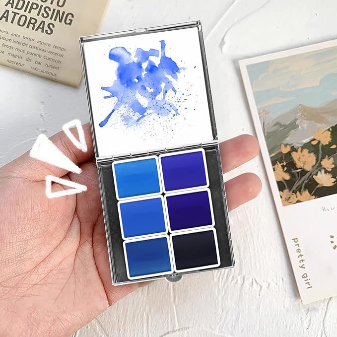 Mini Portable 6-Color Solid Watercolor Paint Set for Adults & Artists, High Tinting Strength Travel Art Kit for Beginners and Professionals, Half Pans (Each Capacity Approx 1.5ml).Blue Sea