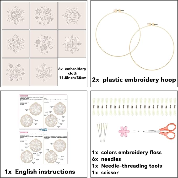 ORIGACH 8 Pcs Snowflakes Embroidery Kit for Beginners, Christmas Stamped Design Embroidery Starter Kit Includes Cloth, Hoops, Threads & Needles