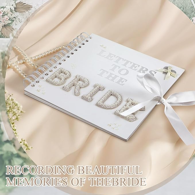 Fuyoooo 8 x 8 Inch Letters to The Bride Scrapbook Wedding Memory Book Bridal DIY Blank Paper Scrapbook Photo Album Guest Book Sign with Pearl Stickers, Metallic Letters, Bows(Warm White)