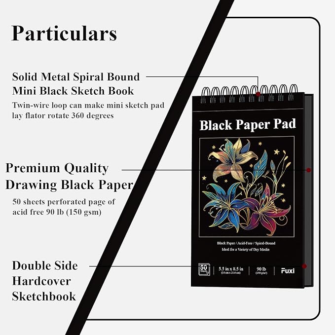 Fuxi Black Paper Sketchbook, 2-Pack - 5.5" x 8.5" | 90lb/150gsm Black Sketch Paper, 50 Sheets Per Pad