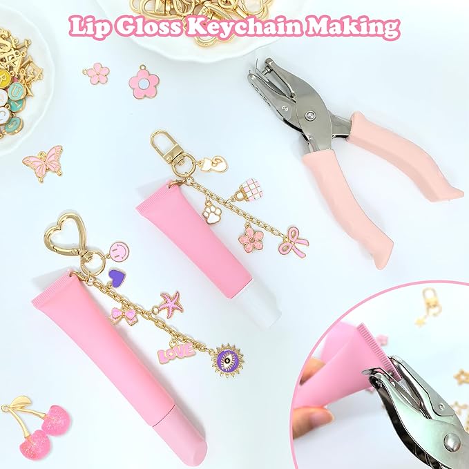 328Pcs Charms Lip Gloss Keychain Making Kit, DIY Keychain Supplies with 128 Charms, 20 Clasps, Jump Rings, Chain, Jewelry Plier, Hole Punch, Bag Charm Kit, Jewelry Making Kit for Crafting Keychains