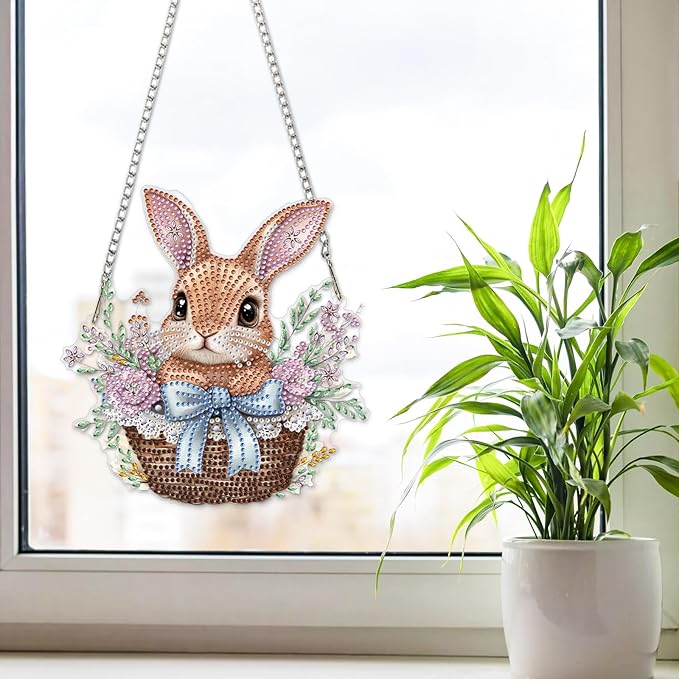 NAIMOER Diamond Art Hanging Kits for Adults Rabbit Easter 5D Special Shaped Rhinestone, DIY Acrylic Diamond Art Painting Window Pendants Home Garden Wall Hanging Ornament Kits, Double Sided