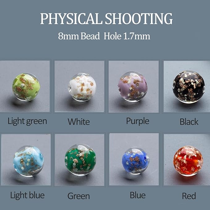 8mm 200pcs Glow in The Dark Glass Beads with Holes for Jewelry Making Bracelets Earrings Necklace Bulk Lampwork Solar Unique DIY Crafts Gold Spacer Beads Kit(100pcs Beads+100pcs Spacer)